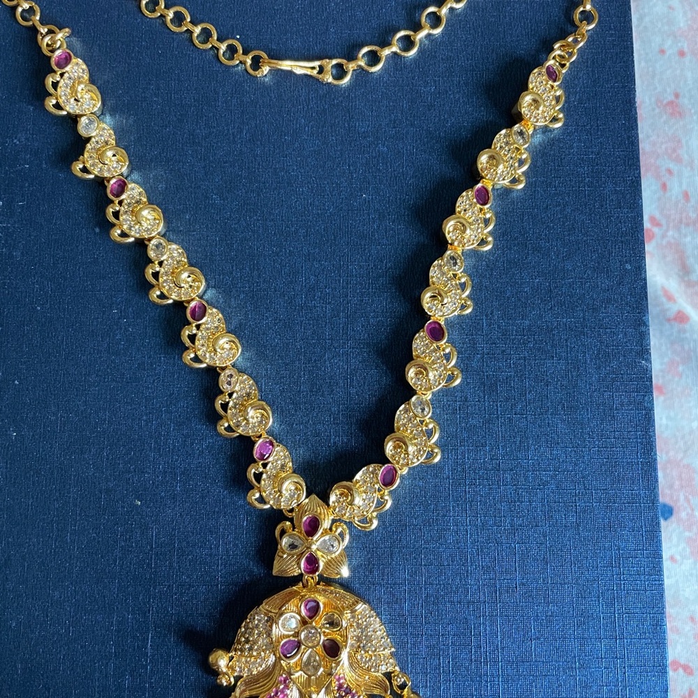 Gold-Tone Women's Necklace with Pink Gem Accents